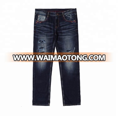 Custom wholesale urban wear Washed Men Ripped Skinny dark Blue Ripped denim jeans